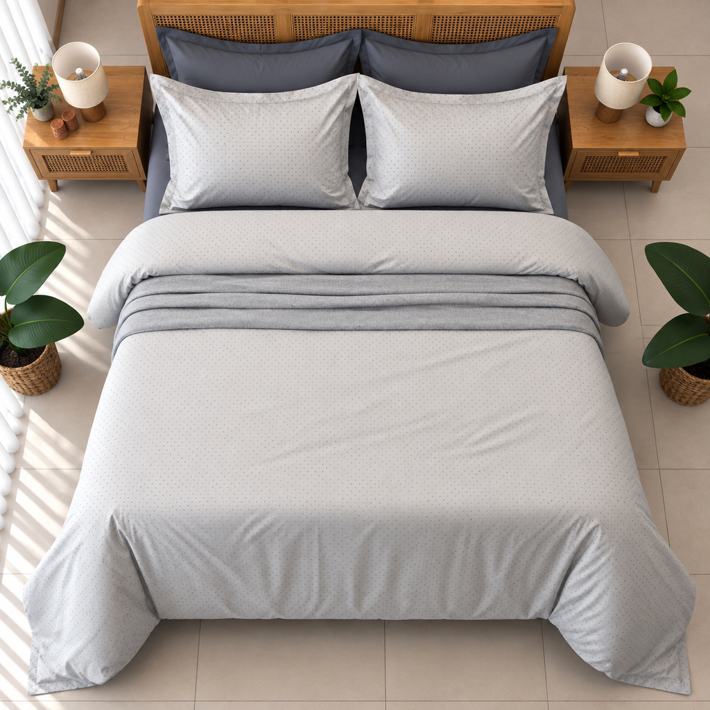 Housse de Couette 6 Pièces 100% Coton points gris