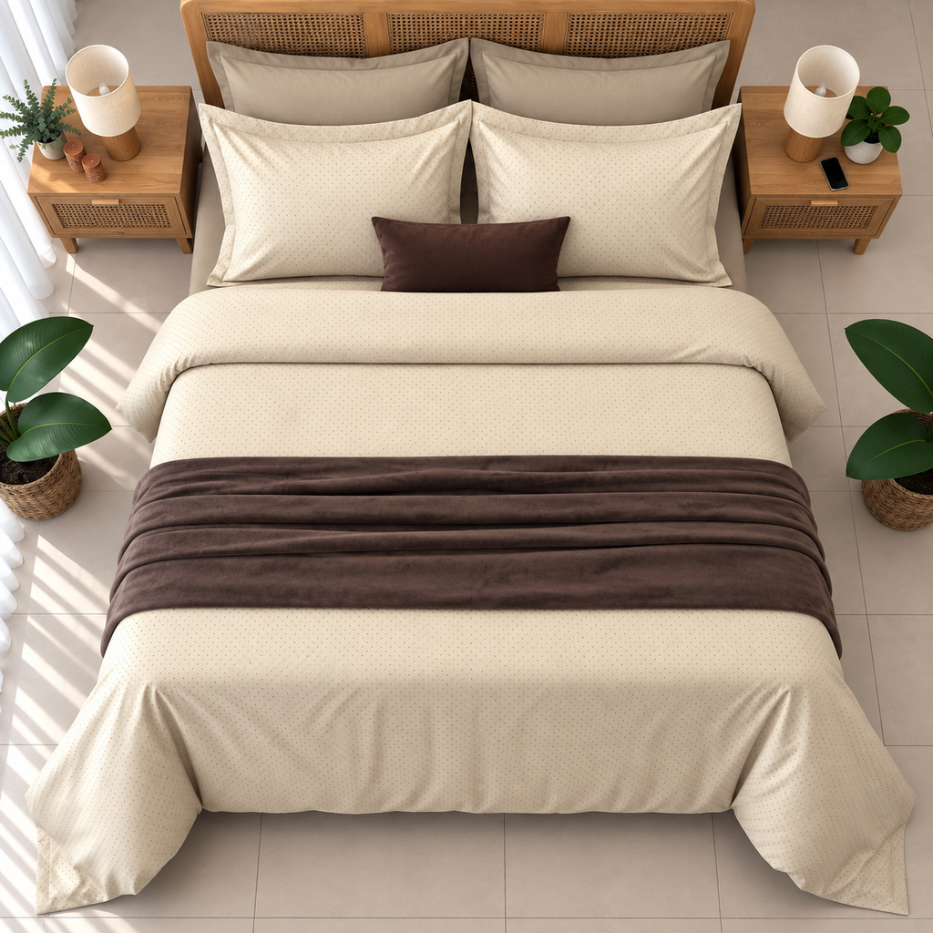 Housse de Couette 6 Pièces 100% Coton points beige
