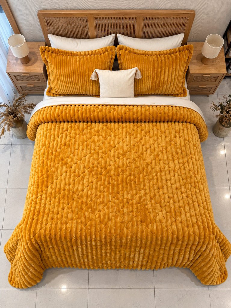 Couverture 3 pieces double face imprimée bbh moutarde 