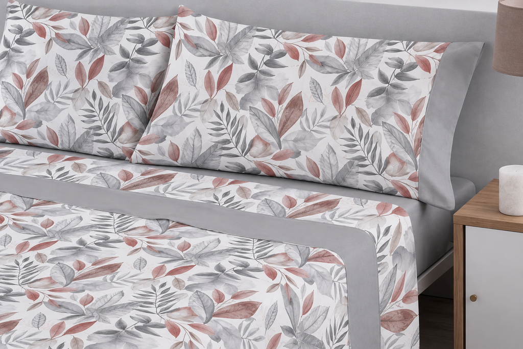 Parure de drap polo polo 4 pièces coton percale 200 fils Feuillage Rosé