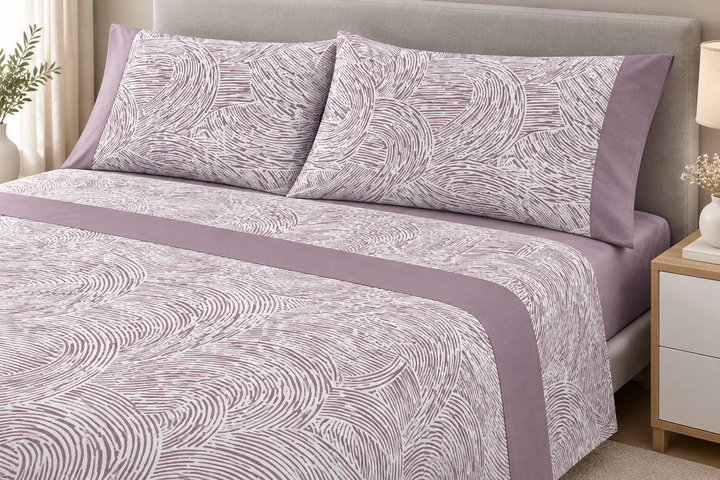 Parure de drap polo polo 4 pièces coton percale 200 fils Ondes de Mauve
