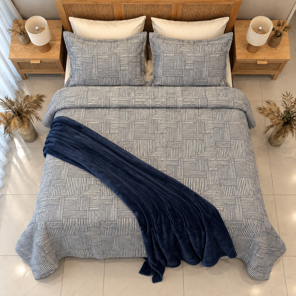 Couvre lit manterol 3 pièces  Géométrique Tissé – Bleu Gris & Blanc