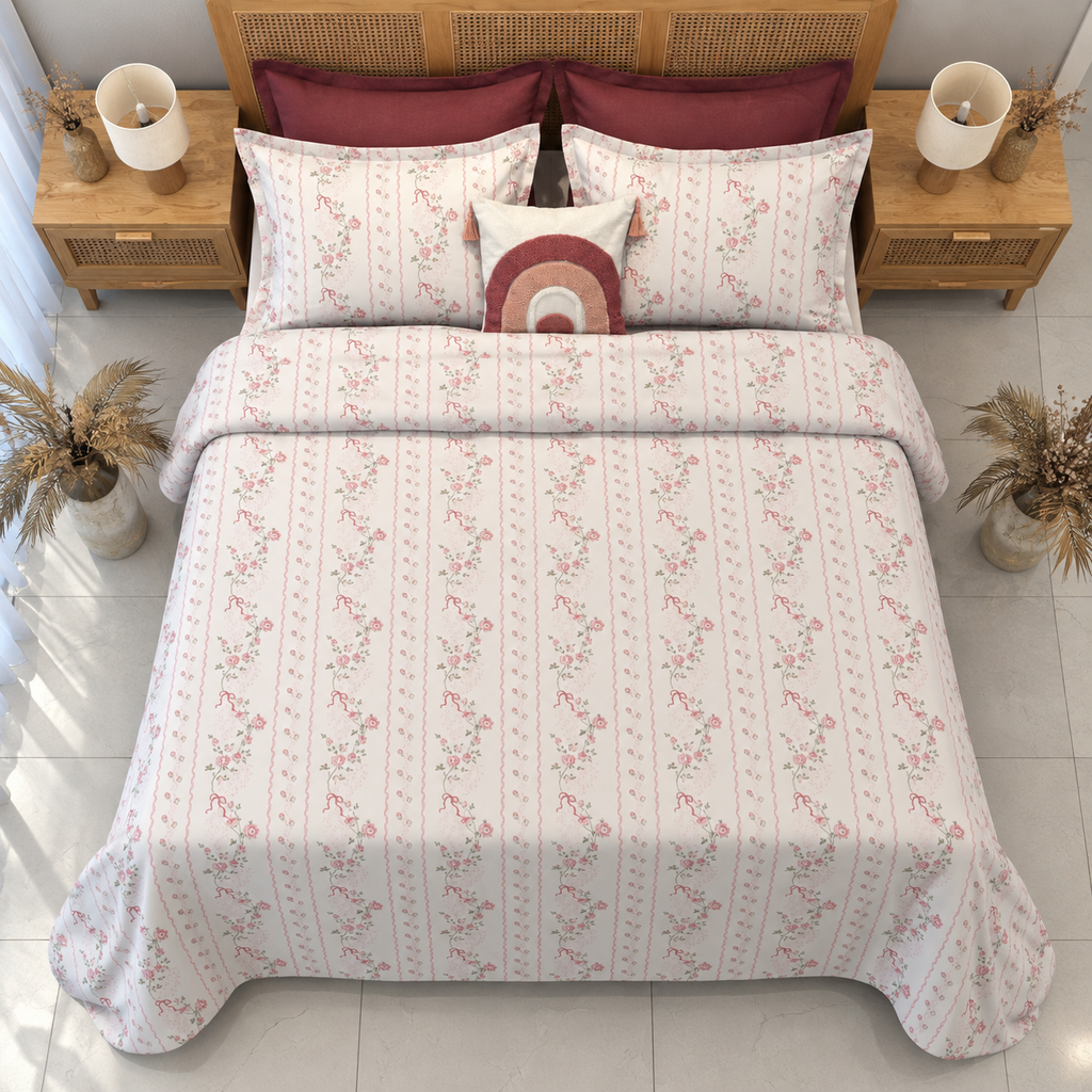 Housse de couette 6  Floral Rayé – Rose Poudré & Blanc