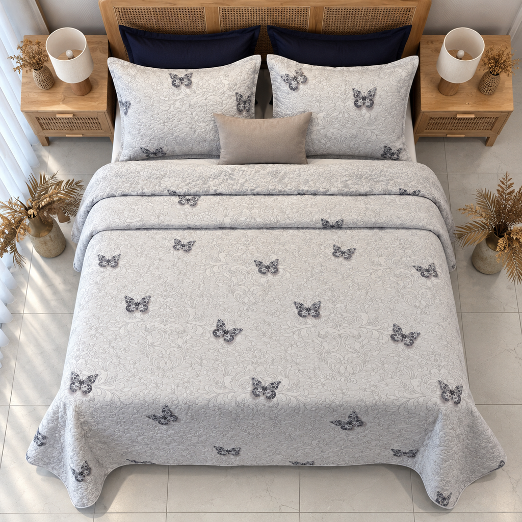 Couvre lit manterol 3 pièces  double face Motif Papillons & Arabesques – Gris & Blanc 