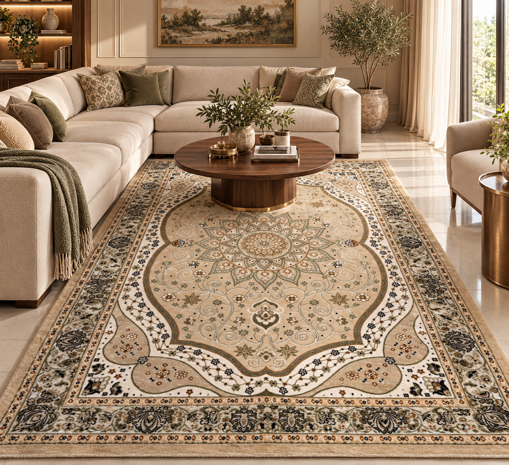Tapis Médaillon persan floral – Beige Sable & Marron